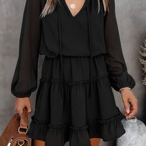 Black casual fall long sleeve ruffle dress